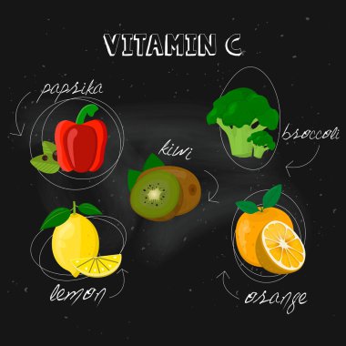 Vitamin C. siyah arka plan. Vektör çizim, eps 10. Limon, portakal, brokoli, kırmızı biber, kivi.