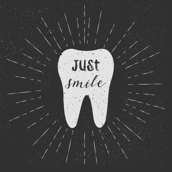 Tooth. Just smile. Vector. White tooth on black background. Vintage retro sunburst, grunge background. — Stock Vector