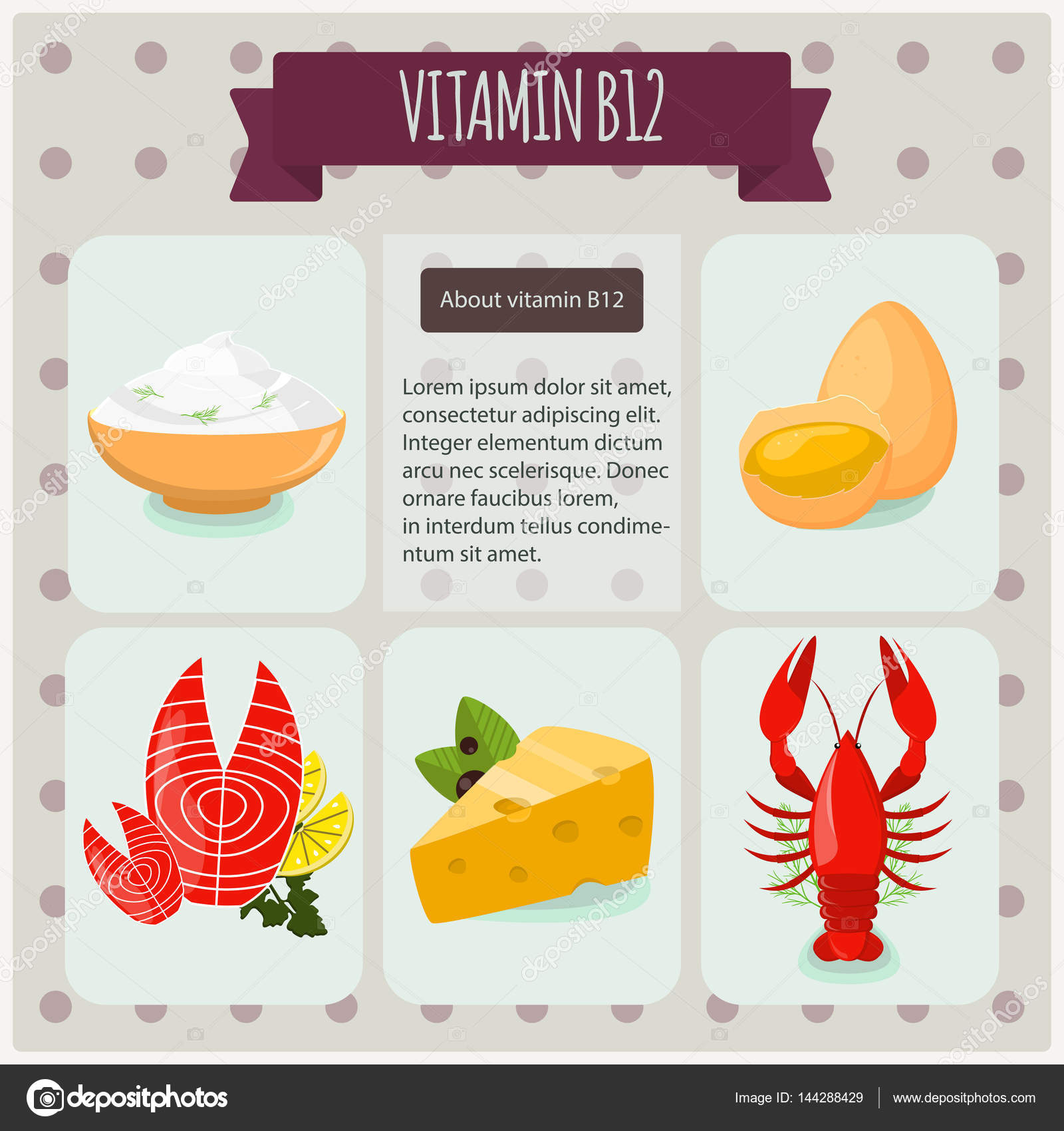 Vitamin B12 on black background. Vector illustration, eps 10. Fruit and