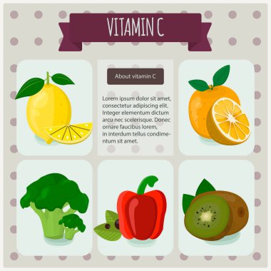 Vitamin C. vektör çizim, eps 10. Meyve ve sebze ile C vitamini infographics ayarla.