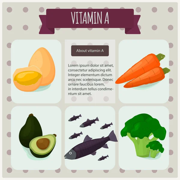 Vitamina A. Ilustración vectorial, eps10. Conjunto de infografías de frutas y verduras con vitamina A . — Vector de stock