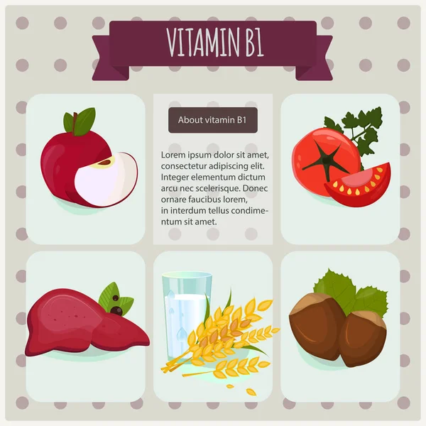 Vitamina B1 sobre fondo negro. Ilustración vectorial eps 10. Conjunto gráfico de frutas y verduras con vitamina B1 info . — Vector de stock