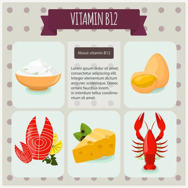 Vitamina B12 sobre fondo negro. Ilustración vectorial, eps 10. Conjunto gráfico de frutas y verduras con vitamina B12 info . — Vector de stock