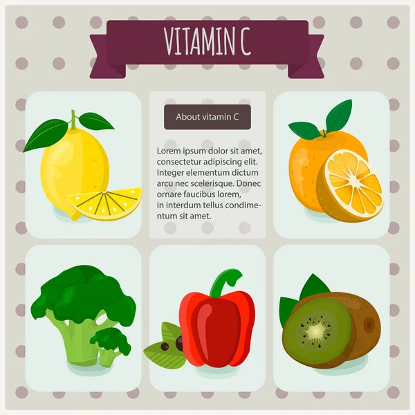 Vitamina C. Ilustración vectorial, eps 10. Conjunto de frutas y verduras con infografías de vitamina C . — Vector de stock