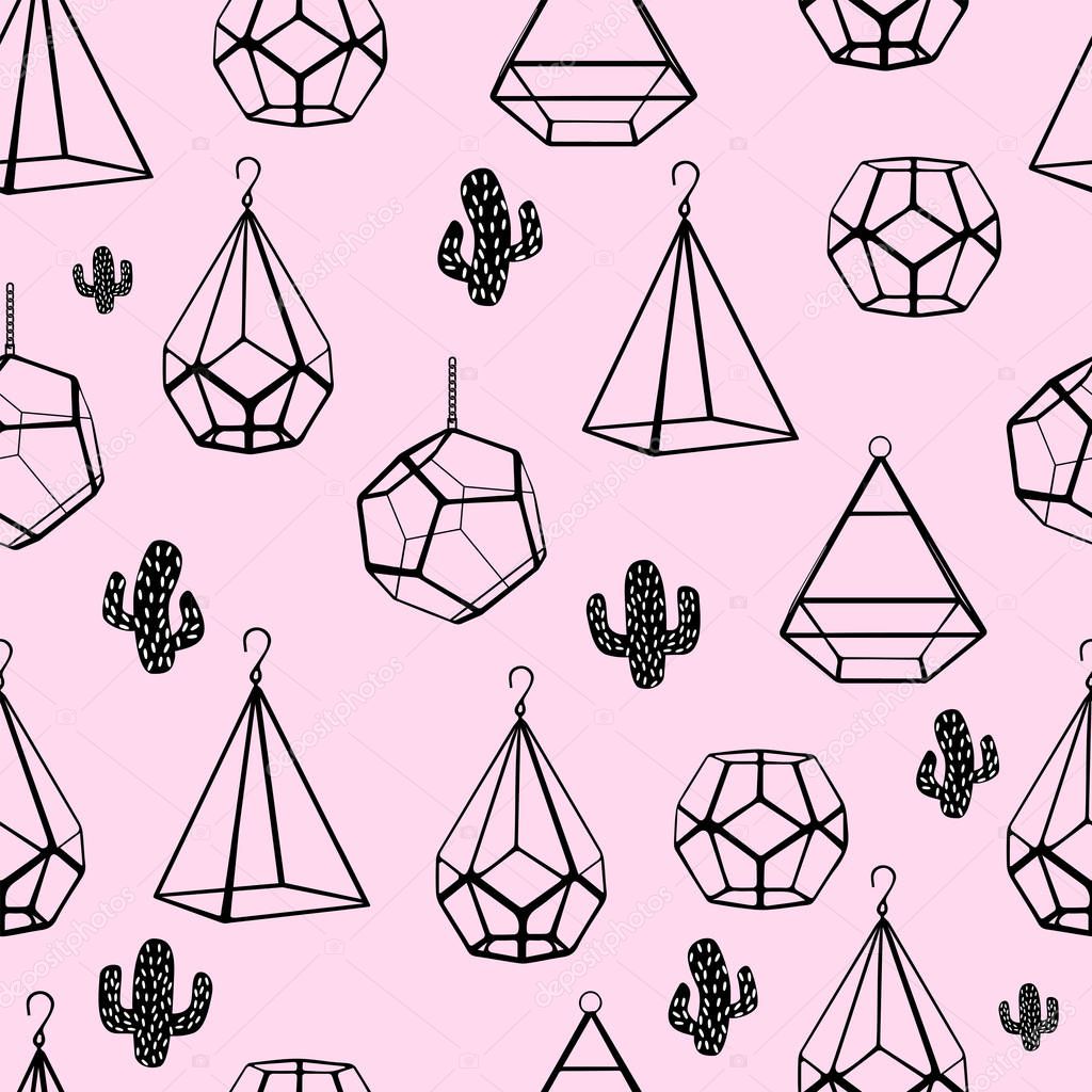 Seamless pattern. Terrarium and cactus. Vector. Concept of black cactuses with terrariums on pink background. Cute home cacti.