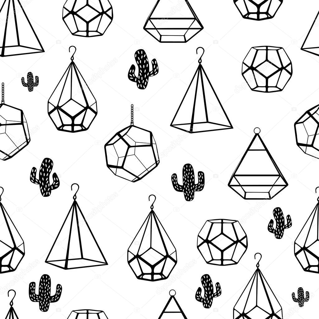 Seamless pattern. Terrarium and cactus. Vector. Concept of black cactuses with terrariums on white background. Cute home cacti.