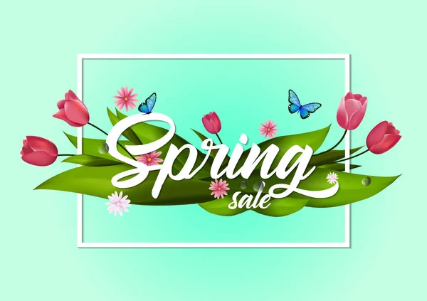 Buquê de flores de tulipa. Ilustração vetorial. Texto de venda primavera isolado no fundo azul . —  Vetores de Stock