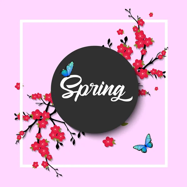 Spring. Vector lettering with cherry blossom flowers and butterflies. Isolated on pink background. — Stock Vector