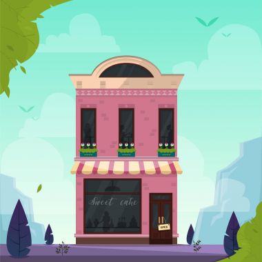 Modern kafe, Restoran, bar, kafe, fırın, pizzacı bina. Vektör çizim. Doğa manzara arka plan. Çizgi film düz stil.