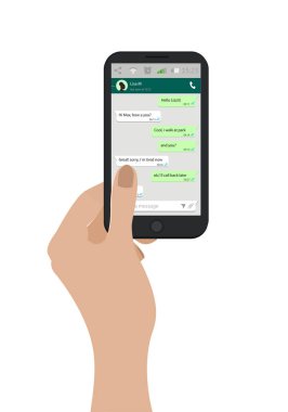 El tutma cep telefonu. Vektör çizim. Sosyal ağ kavramı. Haberci pencere. Kastamonuda ve ileti kavramı.