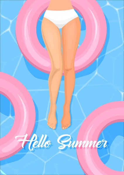 Hello summer. Beautiful female legs on pink pool float. Sexy woman body shape in bikini. Vector. Summer holidays concept. Relaxation on the pool. — Stock Vector