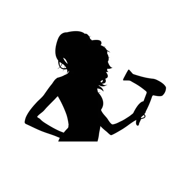 Belle femme sèche ses cheveux bouclés. Silhouette féminine noire isolée sur fond blanc. Concept de soins capillaires. Vecteur . — Image vectorielle