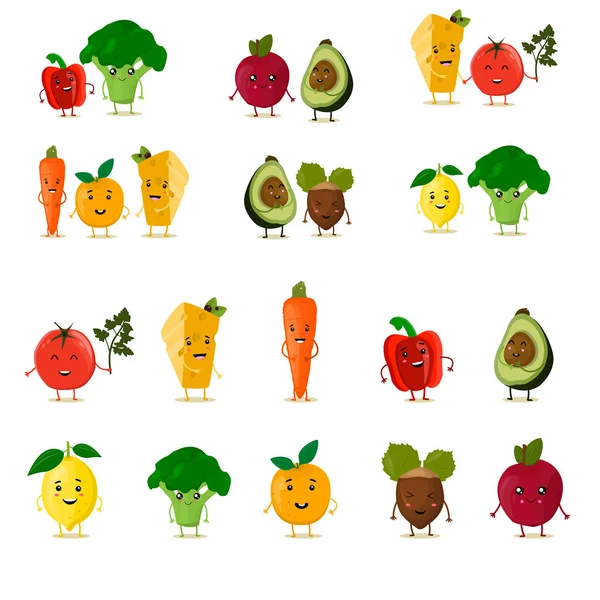 Conjunto de frutas divertidas. Linda colección de frutas y verduras. Personajes de comida de dibujos animados. Ilustración vectorial. Aislado sobre blanco . — Vector de stock
