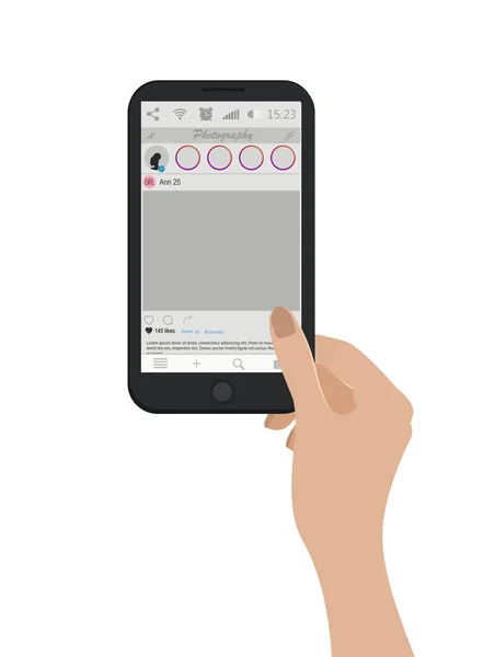 Réseau social. Smartphone avec modèle de cadre photo. Main tenant le téléphone portable. Illustration vectorielle. Écran tactile main . — Image vectorielle