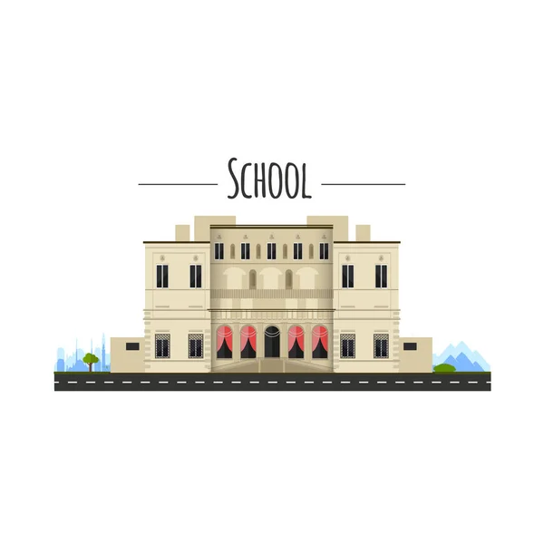 校舎。ベクトルの図。アーキテクチャです。フラット スタイルの学校の家の正面から見た図。白で隔離. — ストックベクタ