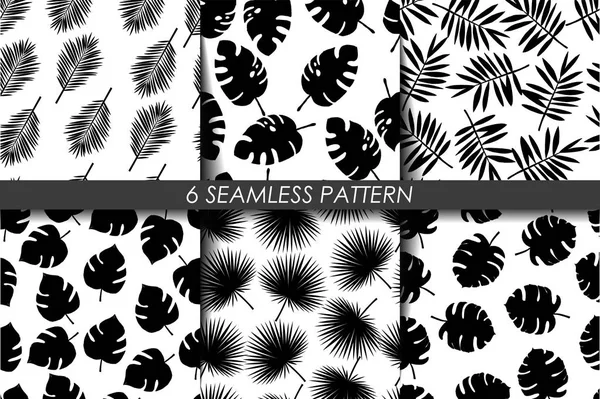 Hojas tropicales. Conjunto de patrones sin costuras. Vector. Colección de 6 patrones repetitivos en blanco y negro en swatch. Blanco y negro. Hawaii style.Perfect para el diseño textil, tela, fondo — Archivo Imágenes Vectoriales