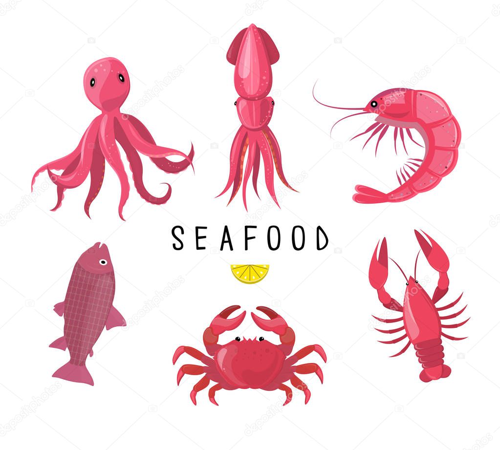 Seafood icons collection. Vector illustration. Seafood platter - crab, lobster, fish, octopus, shrimp, crayfish. Pink icons isolated on white.