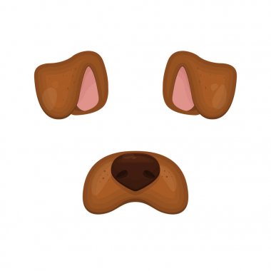 Köpek yüz öğeleri. Vektör çizim. Hayvan karakter kulak ve burun. Selfie fotoğraf dekorasyon için. Karikatür kahverengi köpek maskesi. Beyaz izole. Kolay düzenlemek.