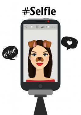 Selfie fotoğrafta üstünde hareket eden telefon. Vektör çizim. El monopod ile smartphone tutun ve fotoğraf çekmek. Güzellik kadını komik köpek kulaklı.