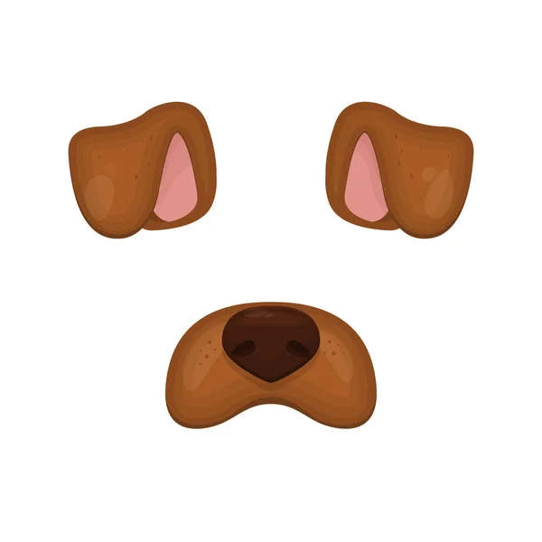 Elementos faciais do cão. Ilustração vetorial. Caráter animal orelhas e nariz. Para decoração de fotos selfie. Máscara de cão marrom dos desenhos animados. Isolado em branco. Fácil de editar . — Vetor de Stock