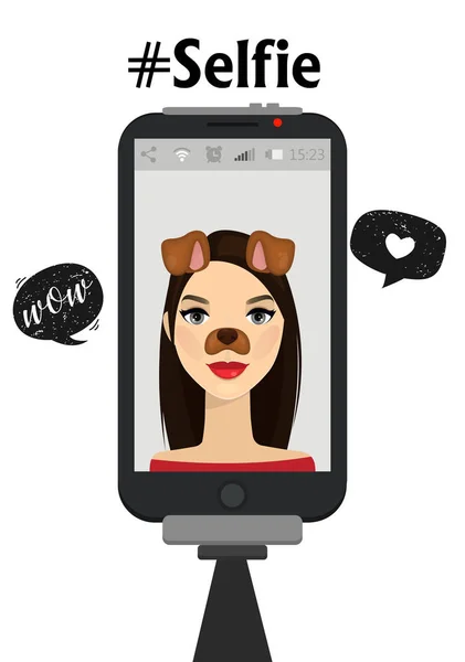 Tirando foto selfie no telefone celular. Ilustração vetorial. Mão segure monopod com smartphone e tirar fotografia. Mulher de beleza com orelhas de cachorro engraçado . —  Vetores de Stock