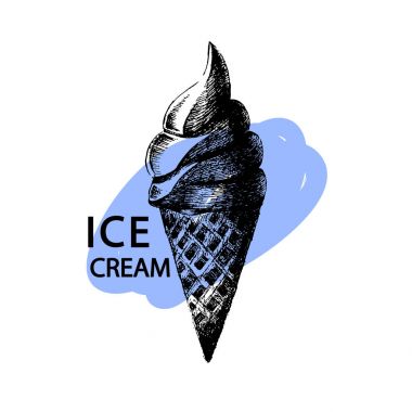 Dondurma külahı yazdırma. Vektör çizim. Mavi arka plan. Beyaz izole. Boya kontur ve şık tipografi ile çizilmiş dondurma kroki ver. Menü tasarımı, doğum günü, yıldönümü, parti için.