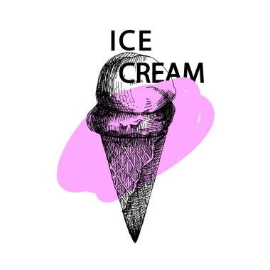 Dondurma külahı yazdırma. Vektör çizim. Pembe bir arka plan. Beyaz izole. Boya kontur ve şık tipografi ile çizilmiş dondurma kroki ver. Menü tasarımı, doğum günü, yıldönümü, parti için.