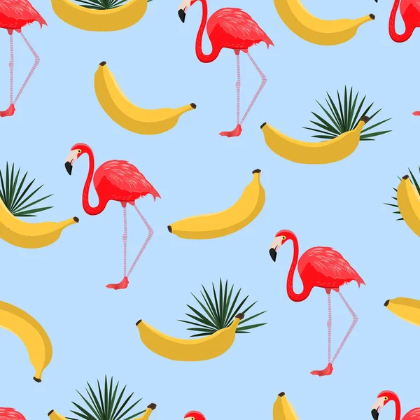 Varrat nélküli mintát a banán és a trópusi levelek. Hawaii stílus háttér dzsungel trópusi növények, sárga banánt és egzotikus flamingo. Nyomtatott anyag. Modern tapéta design. Vektor. — Stock Vector