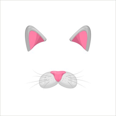 Kedi yüz öğeleri. Vektör çizim. Hayvan karakter kulak ve burun. Video grafik filtre efekti selfie fotoğraf dekorasyon için. Gri kedi maskesi karikatür. Beyaz izole. Kolay düzenlemek.