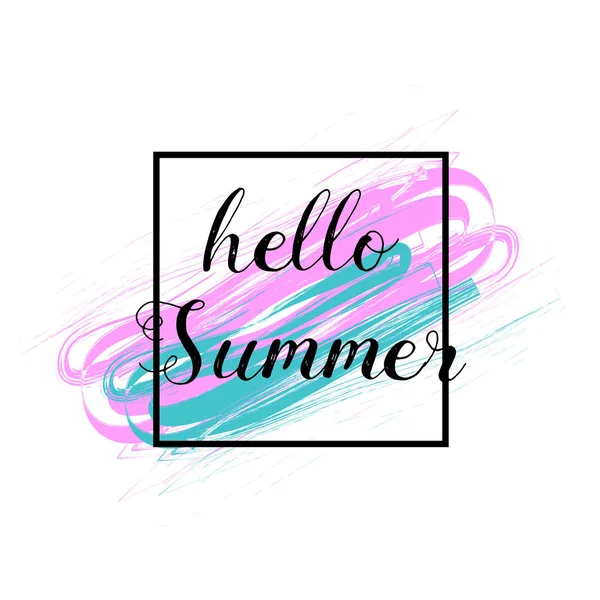 こんにちは夏。ベクトルの図。グランジ テクスチャ ブラシ ストローク ピンクとブルー。夏のロゴ。販売、割引、web、バナー。黒のフレーム。抽象的なデザインが白で隔離. — ストックベクタ