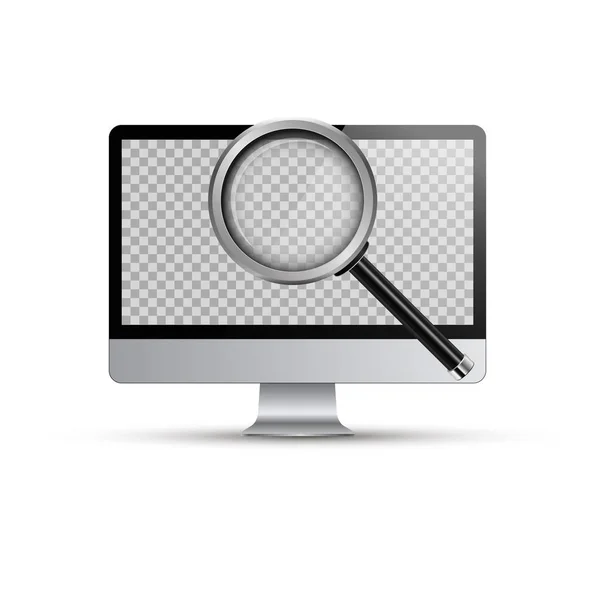 Computador e Realista Magnifying glass.Vector illustration.Computer pc com tela transparente para o seu image.3d vetor mock up.Analytics, pesquisa, descoberta, examinar, conceito de estudo . — Vetor de Stock