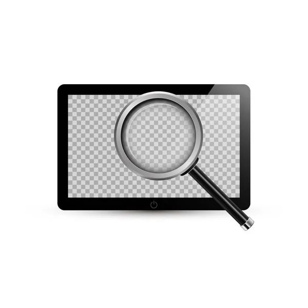Tablette und realistische Lupe. Vektorillustration. Touchpad mit transparentem Bildschirm für Ihr Image.3d-Vektormock up.analytics, search, discovery, examine, study concept. — Stockvektor