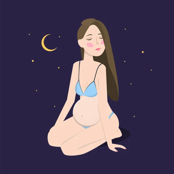 Schwangere junge Frau. Vektorillustration. Nettes Mädchen wartet auf Baby. Nacht Hintergrund mit Mond. — Stockvektor