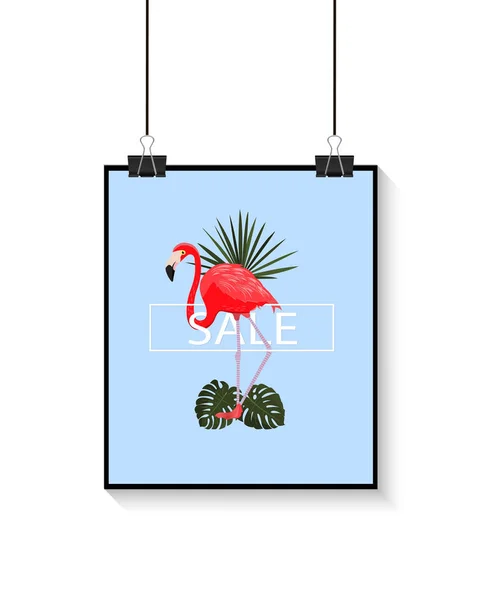 Summer sale tropical poster. Vector illustration. Blue background with flamingo and tropical leaves. Exotic bird. Graphic design element. For summer sale, poster. — Stock Vector