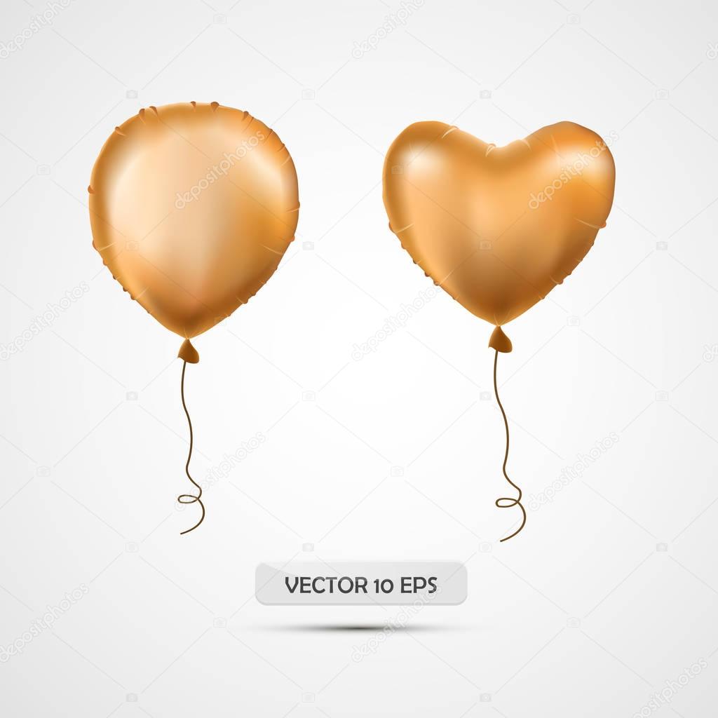 Gold helium balloons set.Vector illustration.Metalic golden air balloons, heart and round shape. Isolated on white. For birthday, celebration, logo, new year, party decoration.