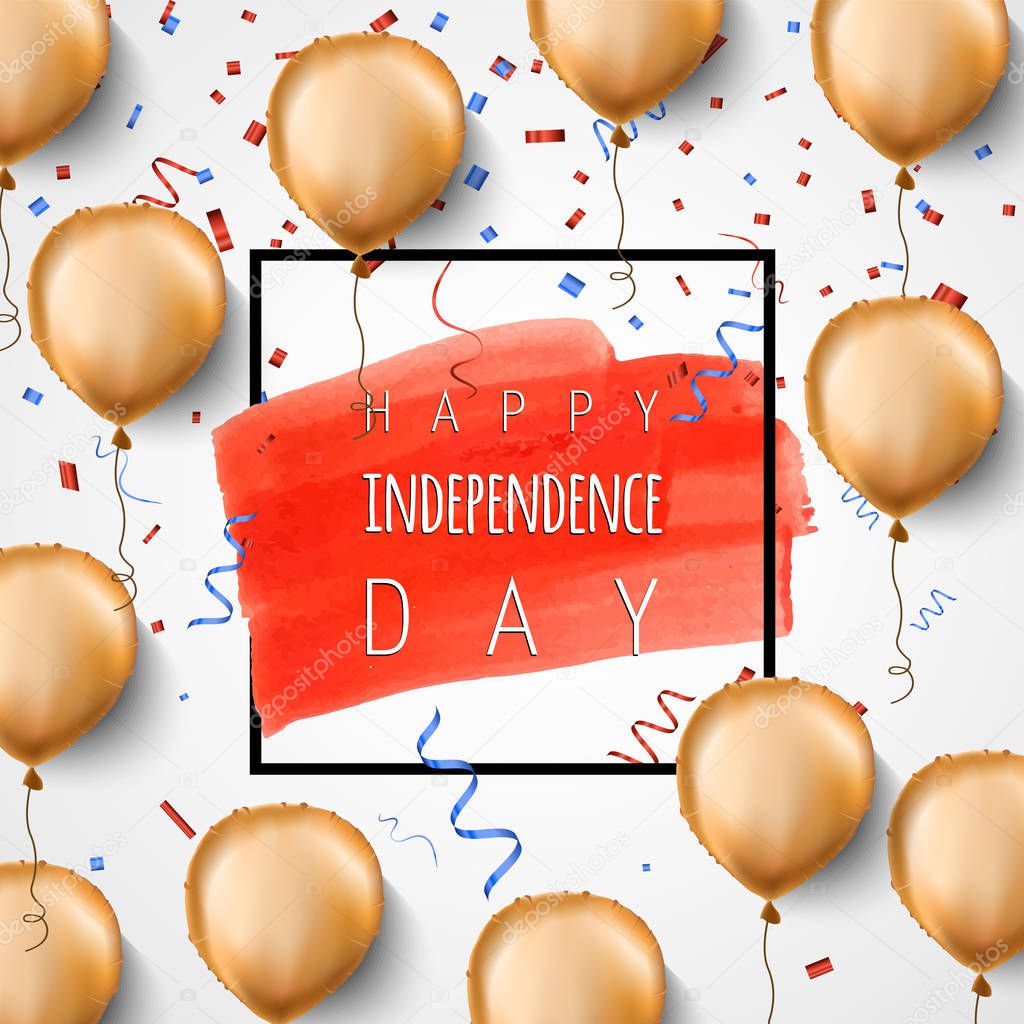 Happy independence day USA. Gold foil balloons and confetti. Vector. Celebration background for 4th of July. Trendy black frame and brush stroke. Greeting card.