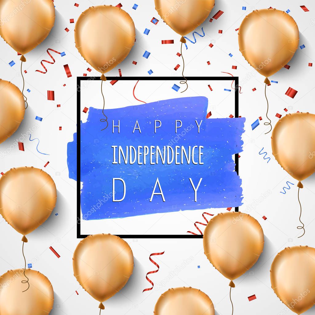 Happy independence day USA. Gold foil balloons and confetti. Vector. Celebration background for 4th of July. Trendy black frame and blue hand painted brush stroke. Greeting card .