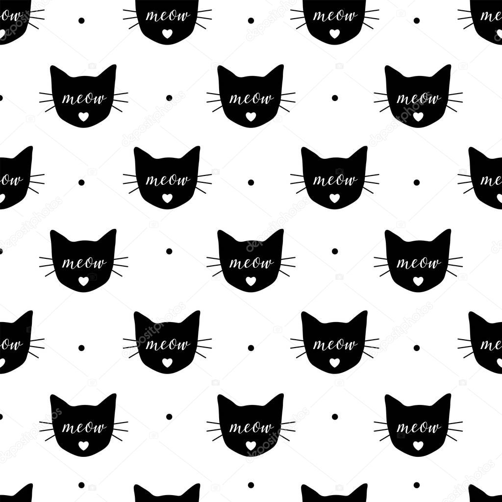 Seamless pattern with black cats. Vector, eps10. Fabric print.Repeating wallpaper. Textile design. Meow and cat head. Cute background.