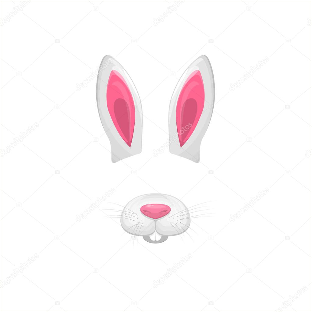 Rabbit face elements. Vector illustration. Animal character ears and nose. Video chart filter effect for selfie photo decoration. Cartoon white hare mask. Isolated on white. Easy to edit.