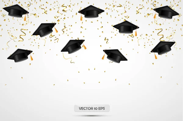 Sombreros de graduación con confeti. Fondo de celebración. Vector . — Archivo Imágenes Vectoriales