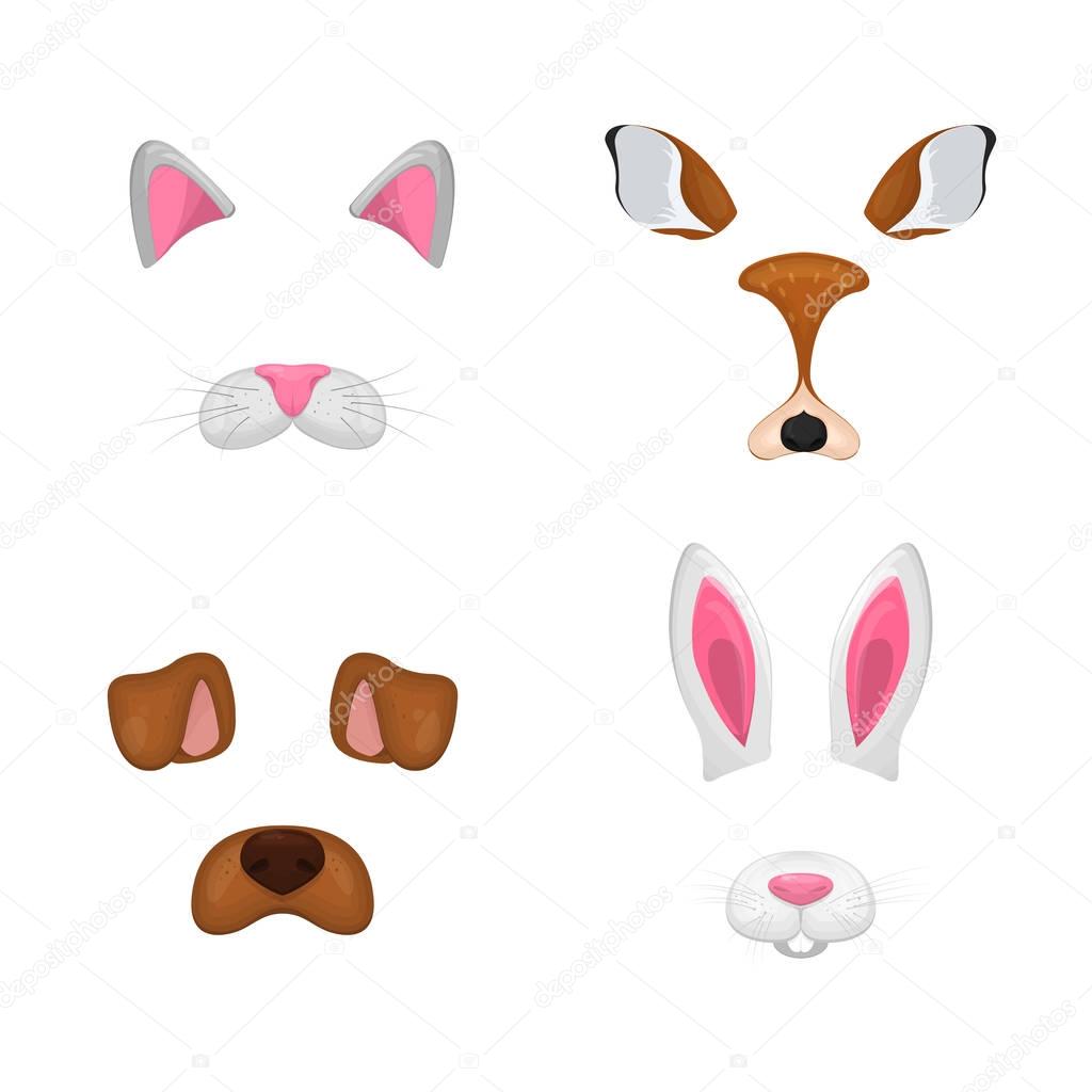 Animal face elements set. Vector illustration. For selfie photo decor. Constructor. Cartoon mask of cat,deer,rabbit,dog. Isolated on white bsckground.