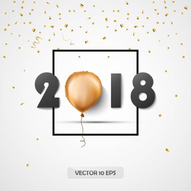 2018. yeni yıl tebrik kartı. Vektör. Konfeti ve altın folyo balon. Kutlama arka plan.