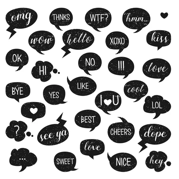 Speech bubbles set. Yes, Bye, Hi, Like, Love, Kiss, Best, No, Thnks, Hmm, Cool, Cheers, Ok, Dope, Omg. — Stock Vector