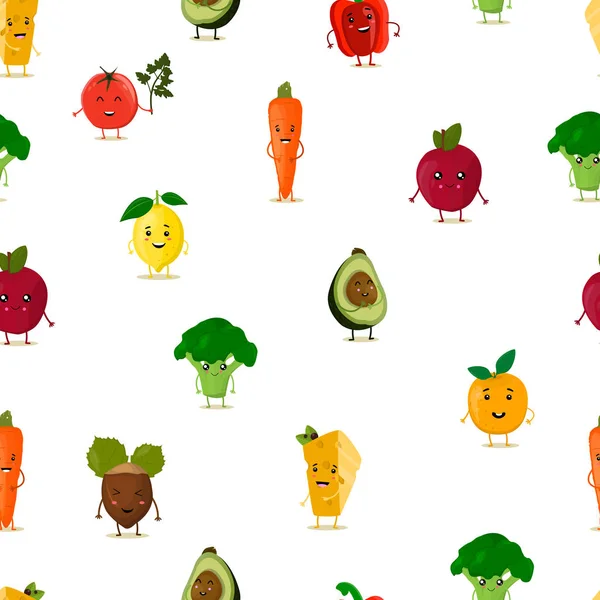 Frutas y verduras divertidas. Patrón sin costuras. Ilustración vectorial. Lindos personajes de frutas y verduras caras . — Vector de stock