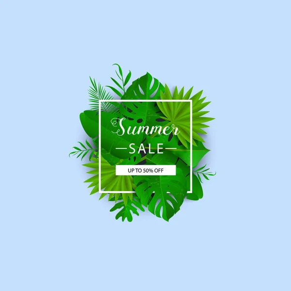 Summer sale. Vector illustration. Summer banner with 3d hawaiian leaf on blue background. Floral banner with border. — Stock Vector