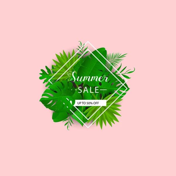 Summer sale. Vector illustration. Tropical leaves with border. Trendy and modern style. Summer banner with 3d hawaiian leaf — Stock Vector