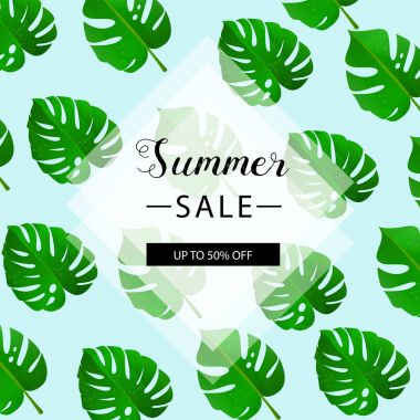Yaz arka plan. Satışı büyük başlığı. Vektör çizim. Botanik tropikal doku. Saydam kenarlık.