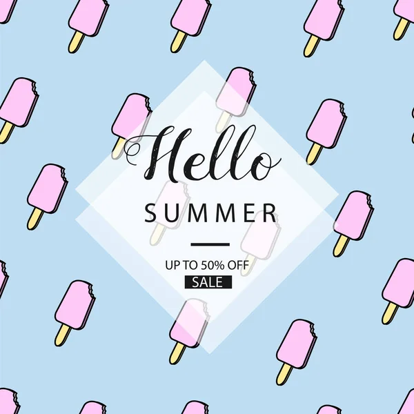 Hello summer. Sale banner. Cute summer wallpaper with ice cream seamless pattern. Vector illustration. — Stock Vector