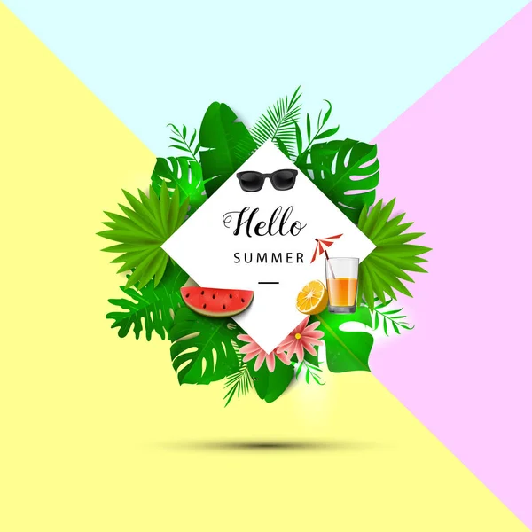 Hej sommar. Tropiska löv. Vektorillustration. Sommaren banner med 3d hawaiian blad, solglasögon, vattenmelon slice och apelsinjuice på gult, rosa och blå — Stock vektor