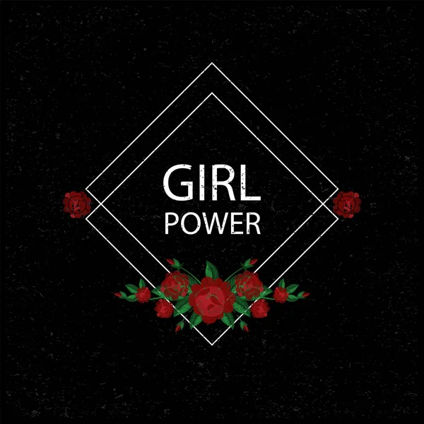 Frauenpower. Stickerei mit Rosen. Vektorillustration. Grunge-Hintergrund. Mode Stickerei Blumen Patch. — Stockvektor